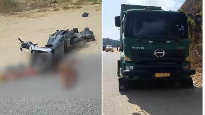 
 Seorang anak usia 4 tahun meninggal dunia akibat kecelakaan yang melibatkan truk kontainer dan motor di Jalan 40 Kendari. Foto: Istimewa