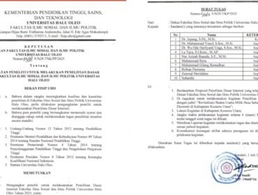 Bukti SK Pengangkatan Peneliti dan Surat Tugas Penelitian Dasar Internal FISIP UHO Tahun 2025 dengan sumber dana dari DIPA FISIP UHO. Dalam dokumen tersebut, Dr. Jopang tercantum sebagai ketua peneliti dengan judul penelitian Revitalisasi BUMDes di Konawe Utara. Foto: Istimewa