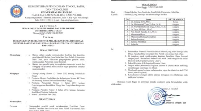 Bukti SK Pengangkatan Peneliti dan Surat Tugas Penelitian Dasar Internal FISIP UHO Tahun 2025 dengan sumber dana dari DIPA FISIP UHO. Dalam dokumen tersebut, Dr. Jopang tercantum sebagai ketua peneliti dengan judul penelitian Revitalisasi BUMDes di Konawe Utara. Foto: Istimewa