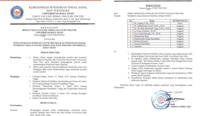 
 Bukti SK Pengangkatan Peneliti dan Surat Tugas Penelitian Dasar Internal FISIP UHO Tahun 2025 dengan sumber dana dari DIPA FISIP UHO. Dalam dokumen tersebut, Dr. Jopang tercantum sebagai ketua peneliti dengan judul penelitian Revitalisasi BUMDes di Konawe Utara. Foto: Istimewa