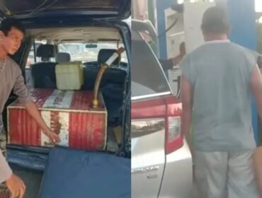 Mobil dengan tangki rakitan diamankan polisi saat hendak mengantre (kiri) dan seorang warga terekam kamera hendak melakukan pengisian BBM menggunakan jerigen di SPBU PT Silfianda Energy di Jalan Abdul Kudus, Kelurahan Raha II, Kabupaten Muna. Foto: Istimewa