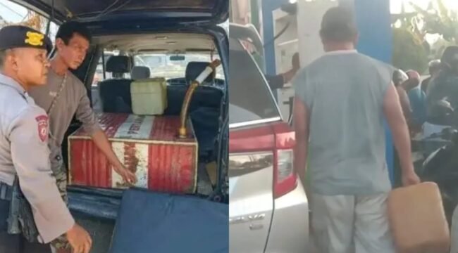 Mobil dengan tangki rakitan diamankan polisi saat hendak mengantre (kiri) dan seorang warga terekam kamera hendak melakukan pengisian BBM menggunakan jerigen di SPBU PT Silfianda Energy di Jalan Abdul Kudus, Kelurahan Raha II, Kabupaten Muna. Foto: Istimewa