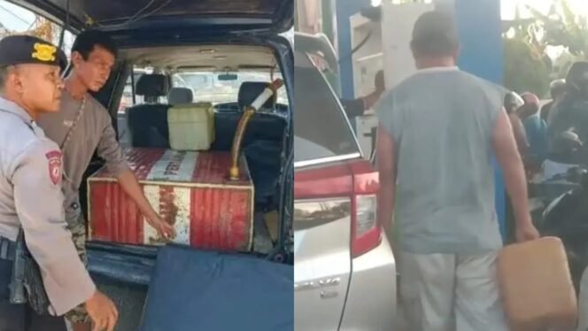 
 Mobil dengan tangki rakitan diamankan polisi saat hendak mengantre (kiri) dan seorang warga terekam kamera hendak melakukan pengisian BBM menggunakan jerigen di SPBU PT Silfianda Energy di Jalan Abdul Kudus, Kelurahan Raha II, Kabupaten Muna. Foto: Istimewa