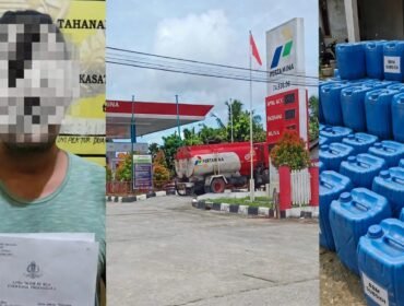 Tersangka LOM alias TM (kiri) dan ilustrasi SPBU 74.936.06 BCK Endekana beserta barang bukti jerigen BBM subsidi