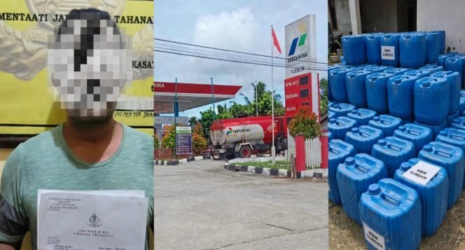 
 Tersangka LOM alias TM (kiri) dan ilustrasi SPBU 74.936.06 BCK Endekana beserta barang bukti jerigen BBM subsidi