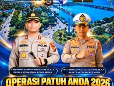 Kapolres Muna AKBP Indra Sandy Purnama Sakti, S.I.K. dan Kasat Lantas Polres Muna IPTU Renaldo Sau'galla, S.Sos., M.A.P. mengimbau masyarakat untuk tertib berlalu lintas. Grafis: Istimewa