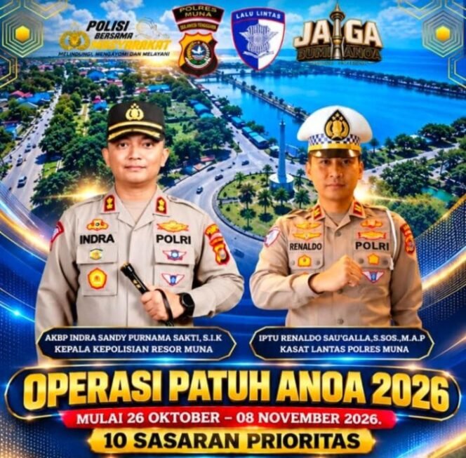 
 Kapolres Muna AKBP Indra Sandy Purnama Sakti, S.I.K. dan Kasat Lantas Polres Muna IPTU Renaldo Sau'galla, S.Sos., M.A.P. mengimbau masyarakat untuk tertib berlalu lintas. Grafis: Istimewa
