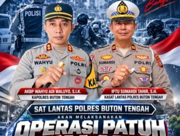 Poster Operasi Patuh Anoa 2026 Sat Lantas Polres Buton Tengah yang akan dilaksanakan mulai 26 Oktober hingga 8 November 2026, dipimpin Kapolres Buton Tengah AKBP Wahyu Adi Waluyo, S.I.K., dan Kasat Lantas IPTU Sumardi Tahir, S.H.