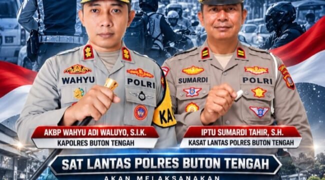 Poster Operasi Patuh Anoa 2026 Sat Lantas Polres Buton Tengah yang akan dilaksanakan mulai 26 Oktober hingga 8 November 2026, dipimpin Kapolres Buton Tengah AKBP Wahyu Adi Waluyo, S.I.K., dan Kasat Lantas IPTU Sumardi Tahir, S.H. 