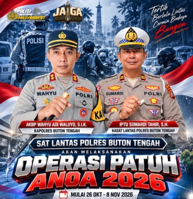 
 Poster Operasi Patuh Anoa 2026 Sat Lantas Polres Buton Tengah yang akan dilaksanakan mulai 26 Oktober hingga 8 November 2026, dipimpin Kapolres Buton Tengah AKBP Wahyu Adi Waluyo, S.I.K., dan Kasat Lantas IPTU Sumardi Tahir, S.H. 